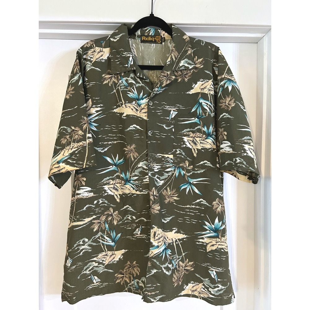 Reliq Mens XXL Hawaiian Tropical Island Palm Tree Sailboat Shirt Olive Green